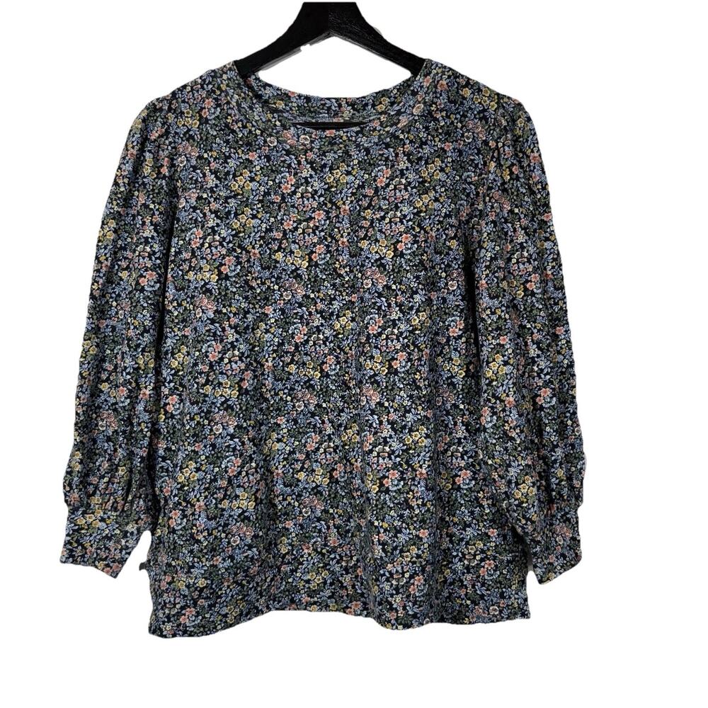 Loft Multicolor Floral Cotton Puff Sleeve Top Blouse M Microprint Navy Blue
